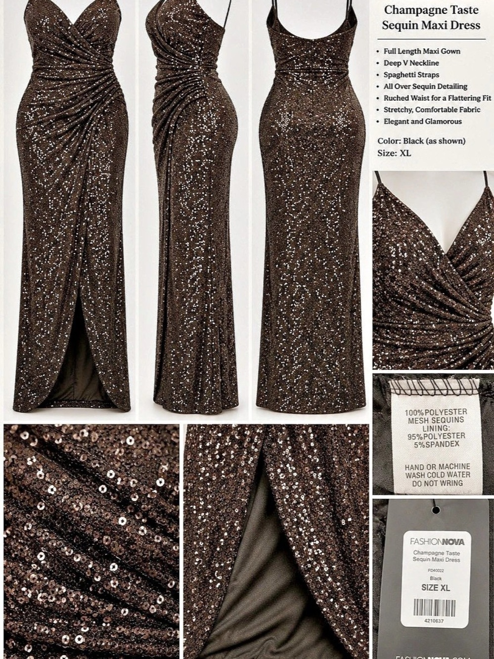 Fashion Nova Champagne Taste Sequin Maxi Dress Black XL